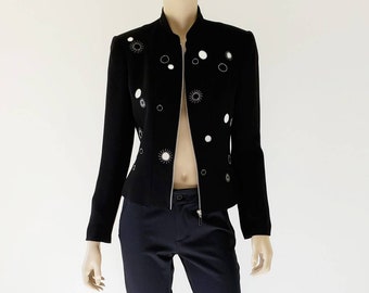 1980s Vintage Alberto Makali Avant Garde Jacket, Short Black Evening Jacket, Star Embroidery