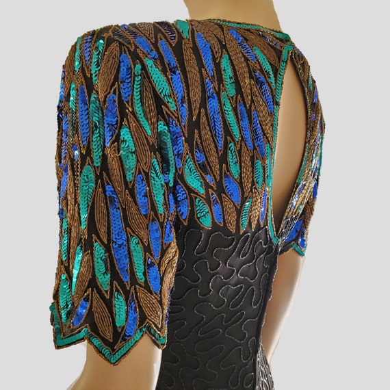 1980s Vintage Sequined Dress, Beaded Silk Dress, … - image 3