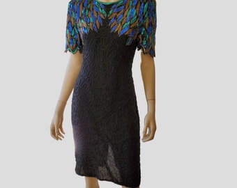 80s Lawrence Kazar Sequin Dress: Vintage Beaded Silk, Keyhole Back