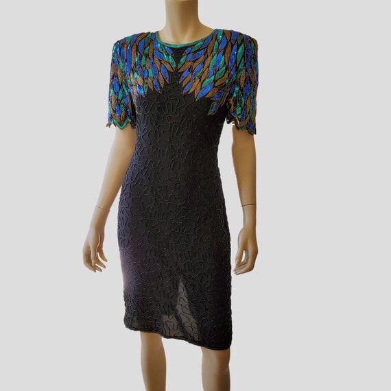 1980s Vintage Sequined Dress, Beaded Silk Dress, … - image 1