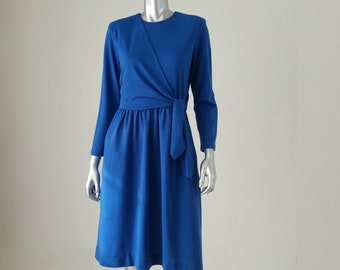 1980s Vintage Royal Blue Knit Wrap Dress, Petite Size 10