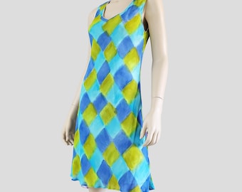 Vintage 90s Aqua Blue Rayon Dress – Lined, Large, Bright Summer Retro Dress
