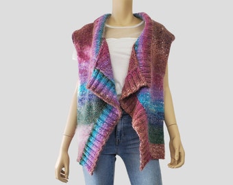 1990s Vintage Chunky Handknit Ombre Sweater Vest, Boho Shawl Sweater, Jewel Tone Wrap Sweater Vest