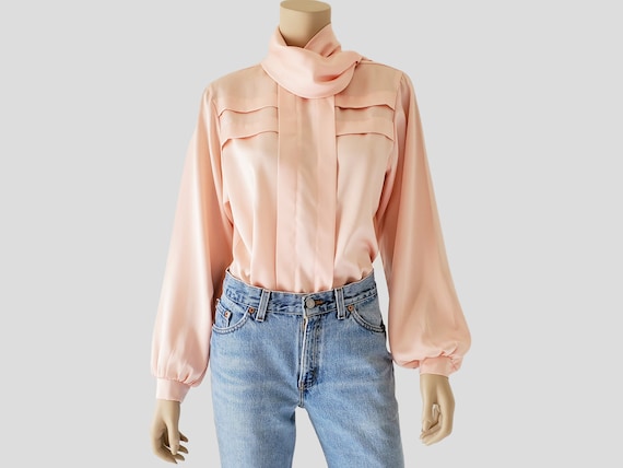 1980s Vintage Soft Pink Bishop Sleeve Blouse, Silk