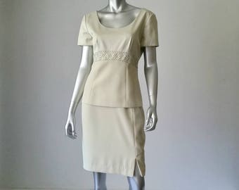 1980s Vintage Liz Claiborne Dress, Back Buttoned, Embellished, Peplum, Beaded, Short Sleeve, Elegant, Fitted, Mint Green