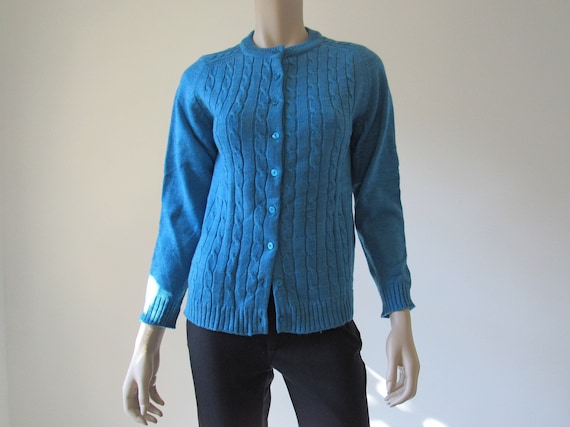 1950s Vintage Cerulean Blue Cable Knit Crewneck B… - image 1