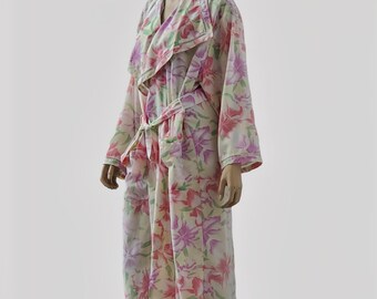 Vintage Victoria's Secret Pastel Floral Robe, Kimono Sleeve Crochet Trim Dressing Gown