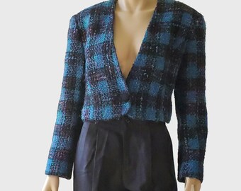 1980s Vintage Ann Taylor Jacket, Black Plaid Jacket, Fuzzy Tweed