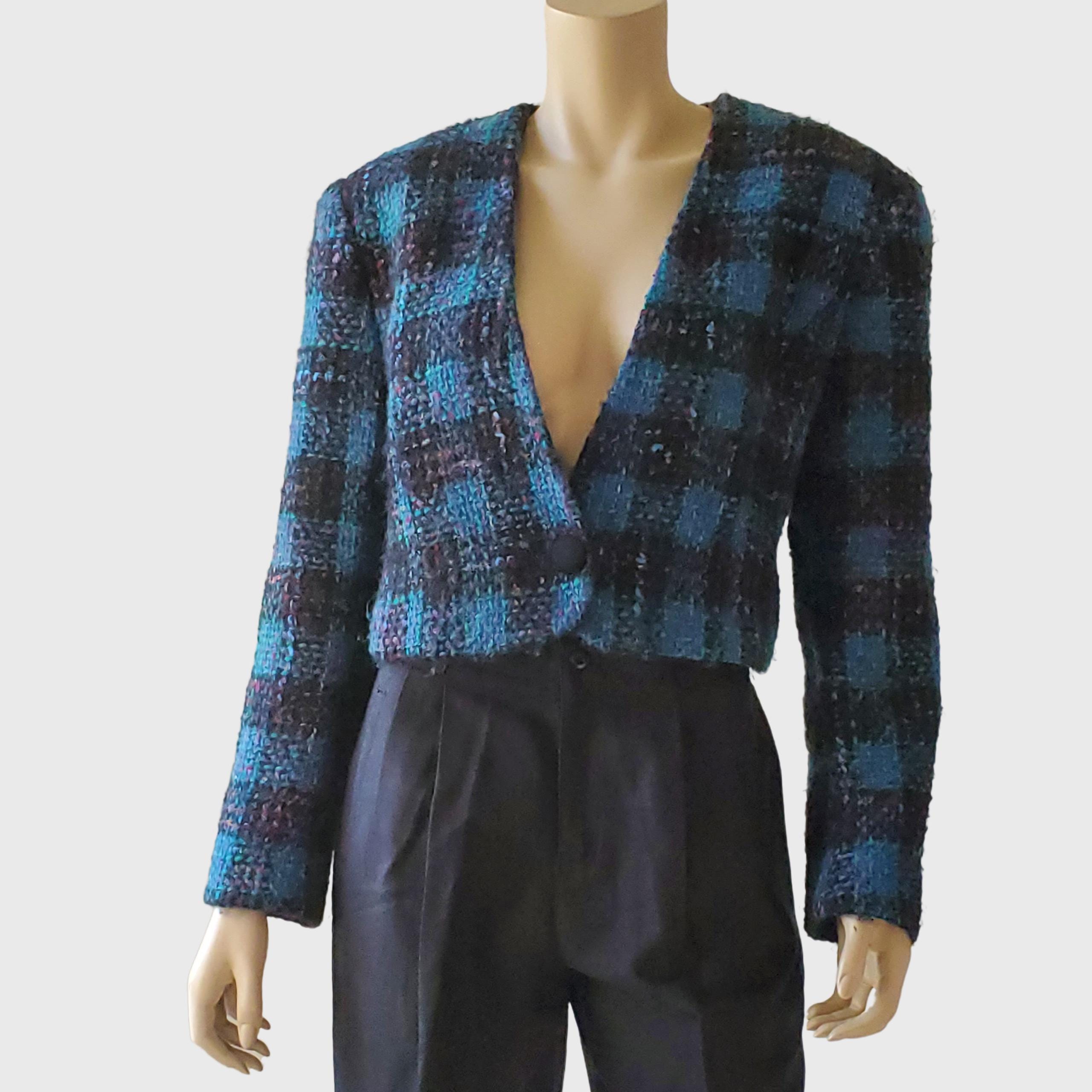 Ann Taylor, 1980s Vintage Ann Taylor Jacket, Black Plaid Jacket, Fuzzy Tweed