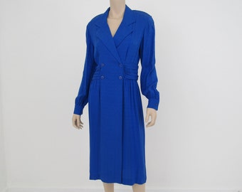 1980s Vintage Silk Dress, Royal Blue Silk Dress, Liz Claiborne Dress, Faux Wrap Dress, Dress Shoulder Pads, Notched Dress, Full Sleeve Dress