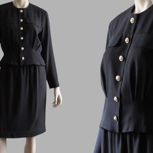 80s Vintage Black Dress: Pearl Button Peplum Skirt Set, Petite