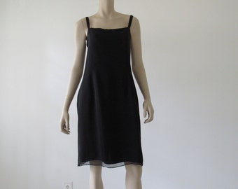 1990s Vintage Silk Slip Dress, Chiffon Silk, Black, Knee Length, Size 12, 90s Vintage Clothing Women