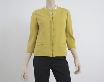 1960s Vintage Chartreuse Pure Wool Jacket, Collarless Boxy Knit Jacket, Mod Top