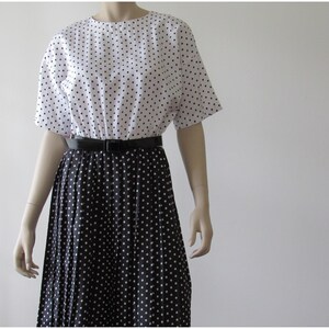 1970s Vintage Polka Dot Dress, Pleated Skirt Dress, Black and White Dress,  Belted Dress, Leslie Fay Dress,