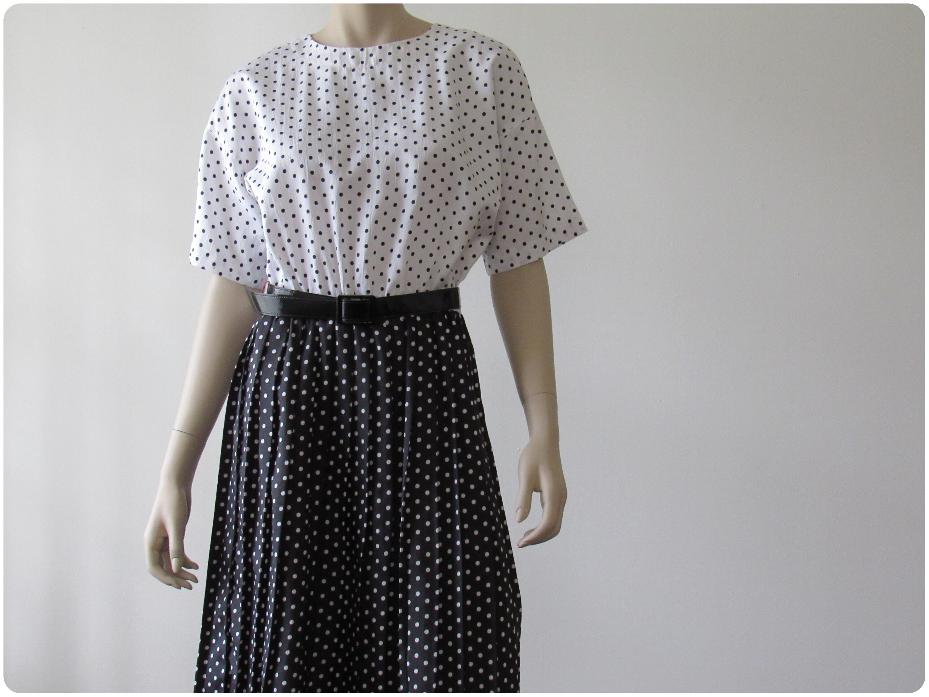 1970s Vintage Polka Dot Dress, Pleated Skirt Dress, Black