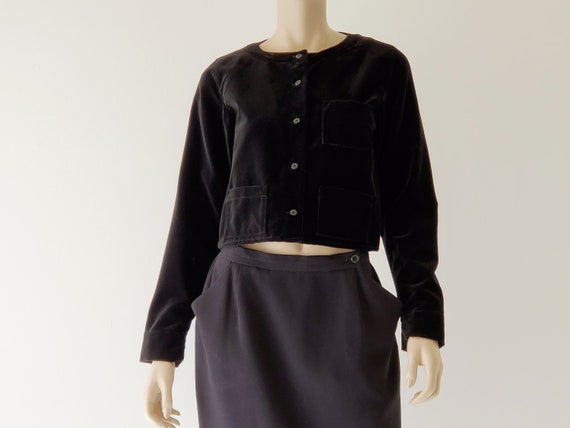 1990s Vintage Velvet Top, Minimal Black Top, Crop… - image 3