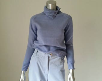 1990s Vintage Chunky Cotton Sweater, Periwinkle Blue, High Neck Sweater, Rib Knit Sweater, Midweight, Raglan Sleeves