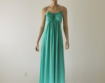 1970s Vintage Shirred Sea Green Maxi Dress, Spaghetti Halter Empire Dress, Maxi Dress Boho