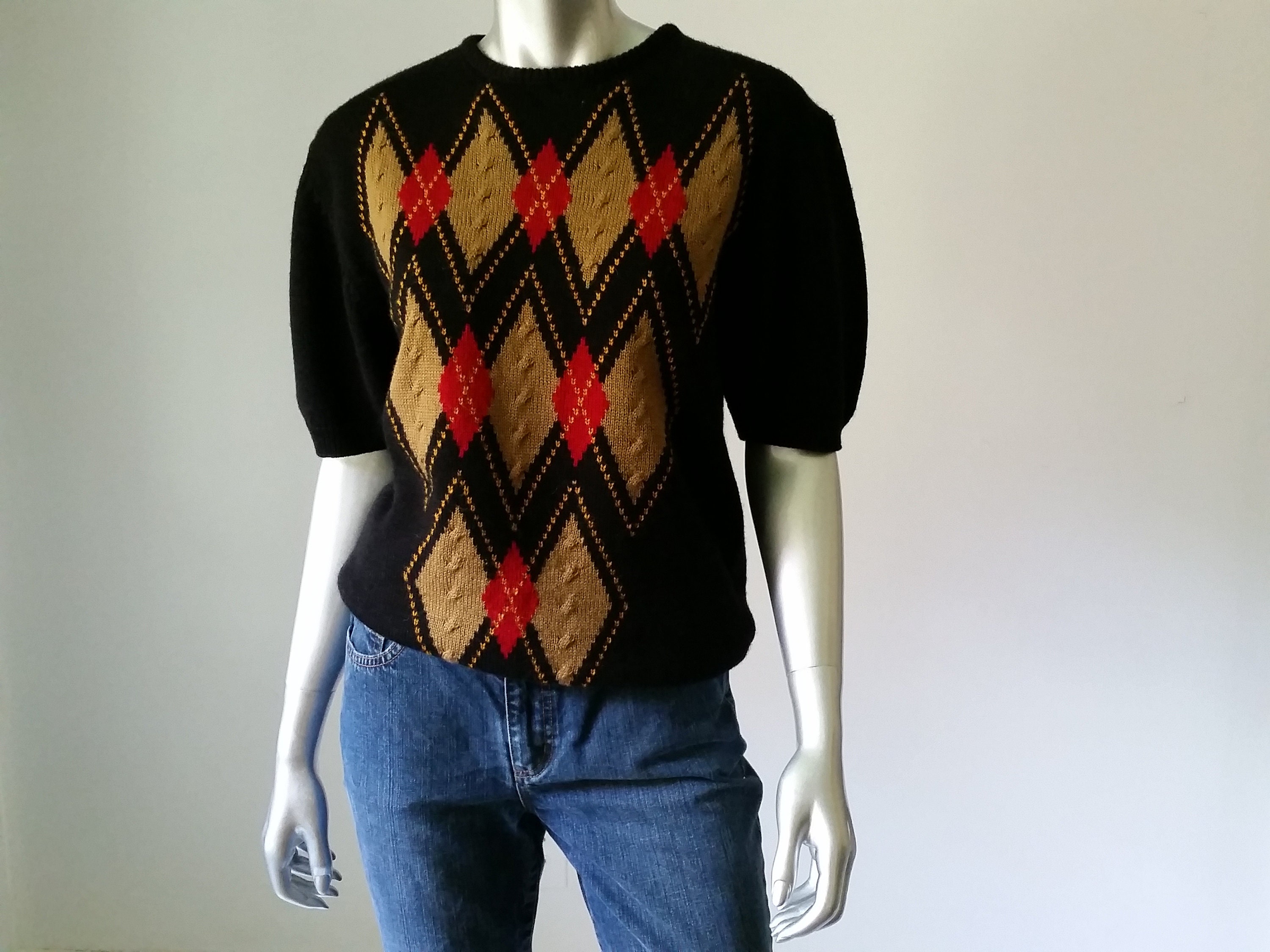 1980s Vintage Argyle Sweater Slouchy Preppy Red Black and - Etsy
