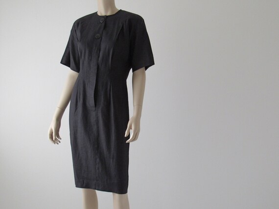 liz claiborne short sleeve sheath dress 80s Vintage Liz Claiborne Linen Sheath Dress: Black Kimono Sleeve
