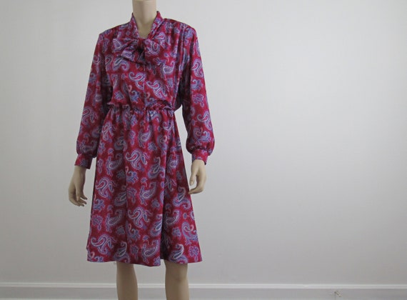 1980s Vintage Paisley Dress, Bishop Sleeves, Tie … - image 6