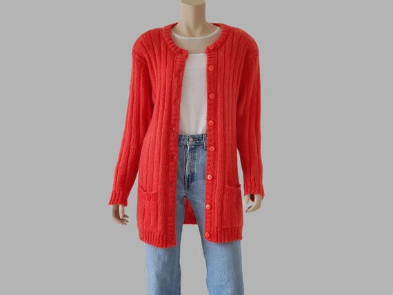1980s Vintage Mohair Cardigan, Vermillon Red Card… - image 1
