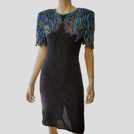 1980s Vintage Sequined Dress, Beaded Silk Dress, … - image 5