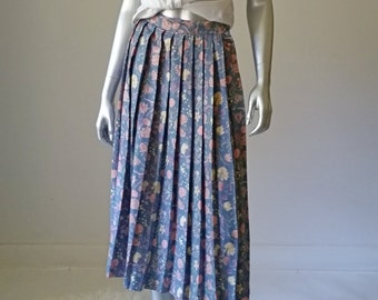 80s Vintage Floral Pleated Midi Skirt: Pastel Academia