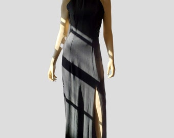 90s Vintage Black Halter Dress: Beaded Cross Back, Side Slit