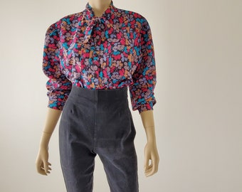 1970s Vintage Floral Blouse, Bishop Sleeve, Tie Neck