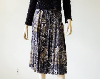 1980s Vintage Rayon Midi Skirt Black Print Abstract Gray Print Pockets Made in Italy