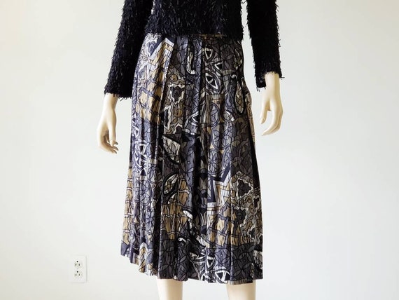 1980s Vintage Rayon Midi Skirt Black Print Abstra… - image 1