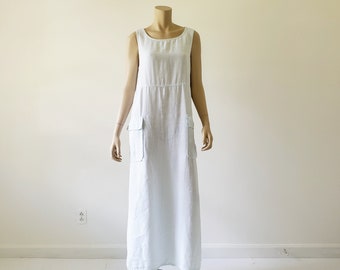 90s Vintage Linen Maxi Dress, Sleeveless Blue Sundress