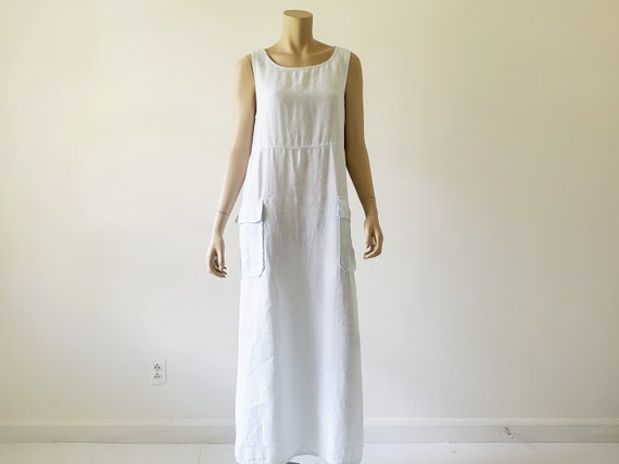 1990s Vintage Maxi Linen Dress Blue Long Sleevele… - image 1