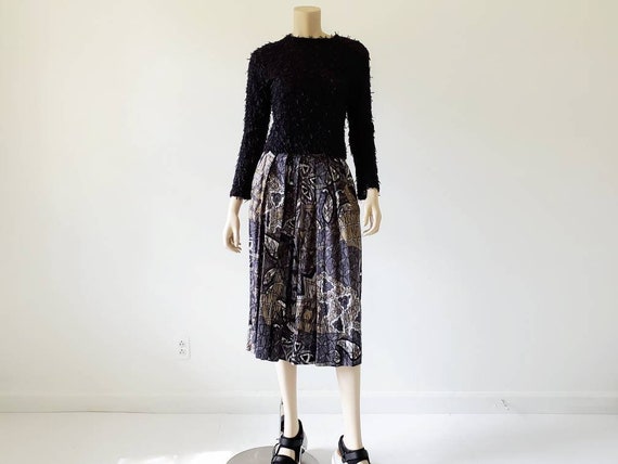 1980s Vintage Rayon Midi Skirt Black Print Abstra… - image 3