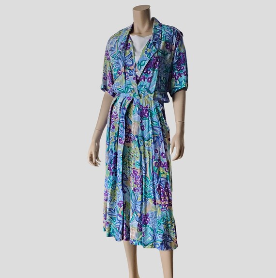 1980s Abstract Floral Rayon Day Dress, Plunging V-Neck, Modesty Panel