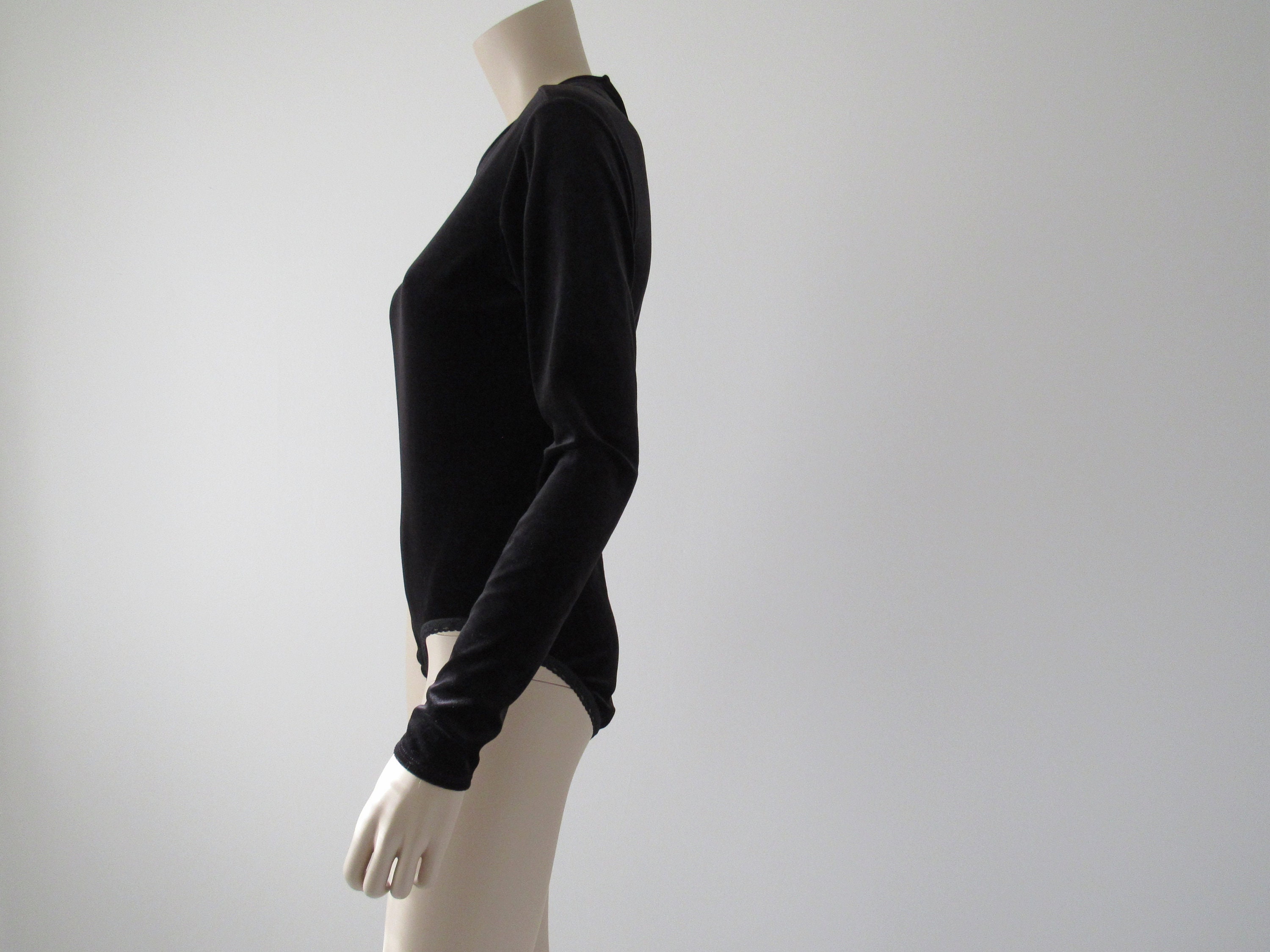1990s Vintage Emanuel Ungaro Velvet Snap Crotch Bodysuit Long Sleeve Crew  Neck Black 