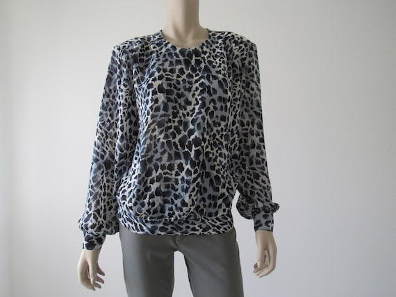 1980s Vintage Blue Leopard Print Blouse Top, Colla