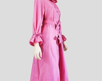 Vintage 70s Pink Coat Hooded, Nylon Rain Coat, Belted, Size 8