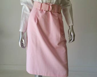 1980er Vintage Rosa Baumwollrock, Knöpfter Bleistiftrock mit Gürtel