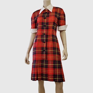 90s Vintage Red Plaid Silk Dress: Preppy Tartan Midi