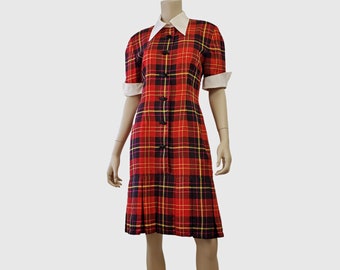 90s Vintage Red Plaid Silk Dress: Preppy Tartan Midi