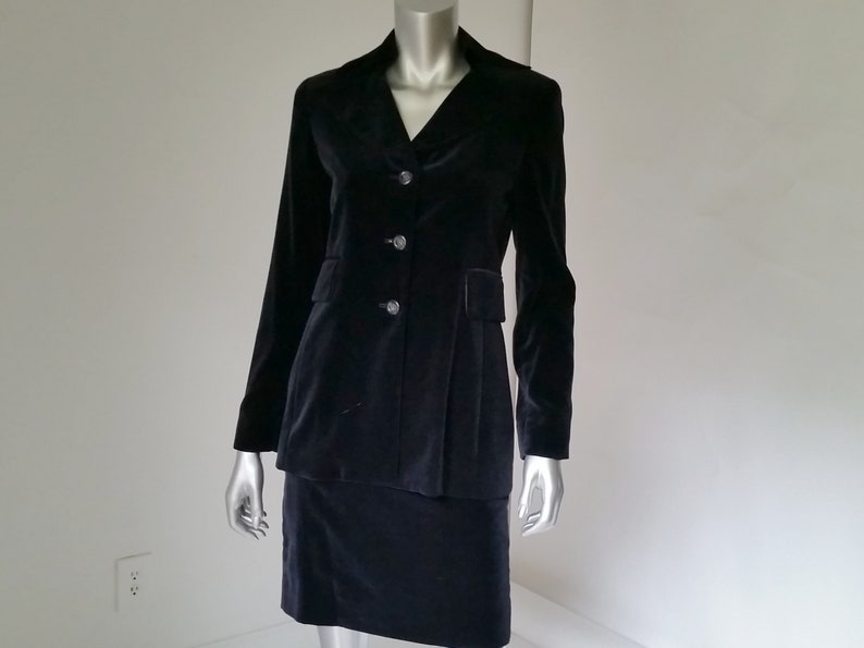High Collar Suit 90s Velvet Tahari Suit Midnight Blue Velvet Suit Velvet Skirt Suit Blue