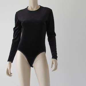 1990s Vintage Emanuel Ungaro Velvet Snap Crotch Bodysuit Long Sleeve Crew Neck Black