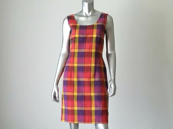 1980s Vintage Linen Rayon Madras Plaid Sheath Dres