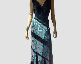 90s Vintage Hunter Green Satin Jacquard Maxi Dress
