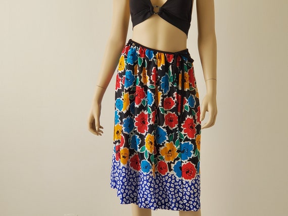 1970s Vintage Black Floral Wrap Skirt, Rose Marie