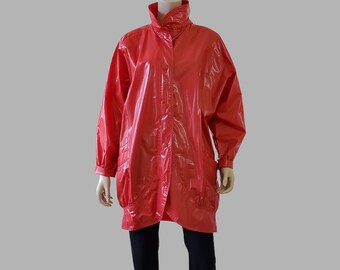80s Vintage Red Vinyl Cocoon Jacket: Oversized Streetwear