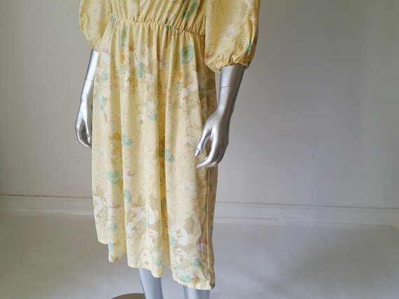 VINTAGE 60s 70s YELLOW WHITE FLORAL EMBROIDERED PUFF SLEEVE BOHO MAXI DRESS 10