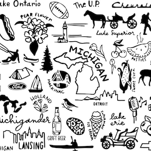 May include: Black and white illustration featuring various Michigan-themed icons. Includes a map of Michigan, a lighthouse, a sailboat, a vintage car, a football, and text that says "Michigan" and "Detroit".